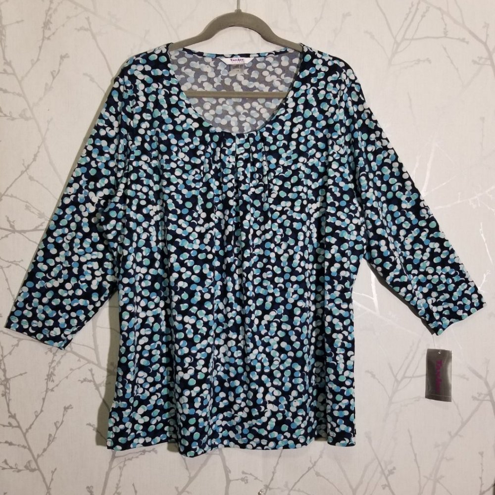 Tanjay NWT Blue Abstract Polkadot Printed Pleated Scoop Neck Blouse